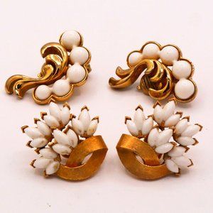 Vintage Set of Milk White Glass Crown Trifari and White Monet Earclimber Clip-on